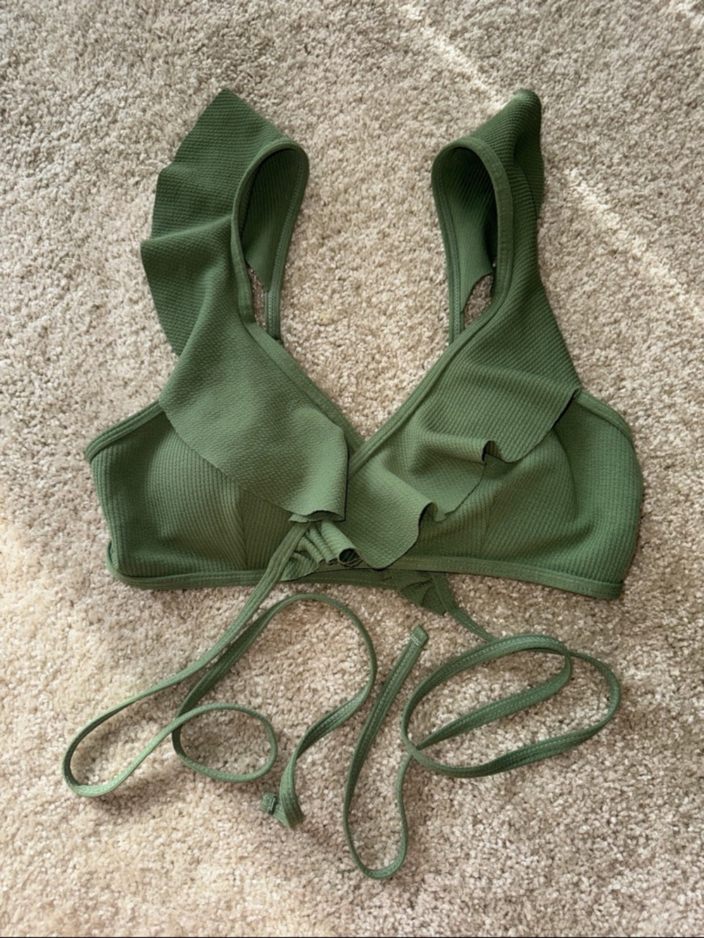 Zaful Olive Green Ribbed Bikini Top with ruffles